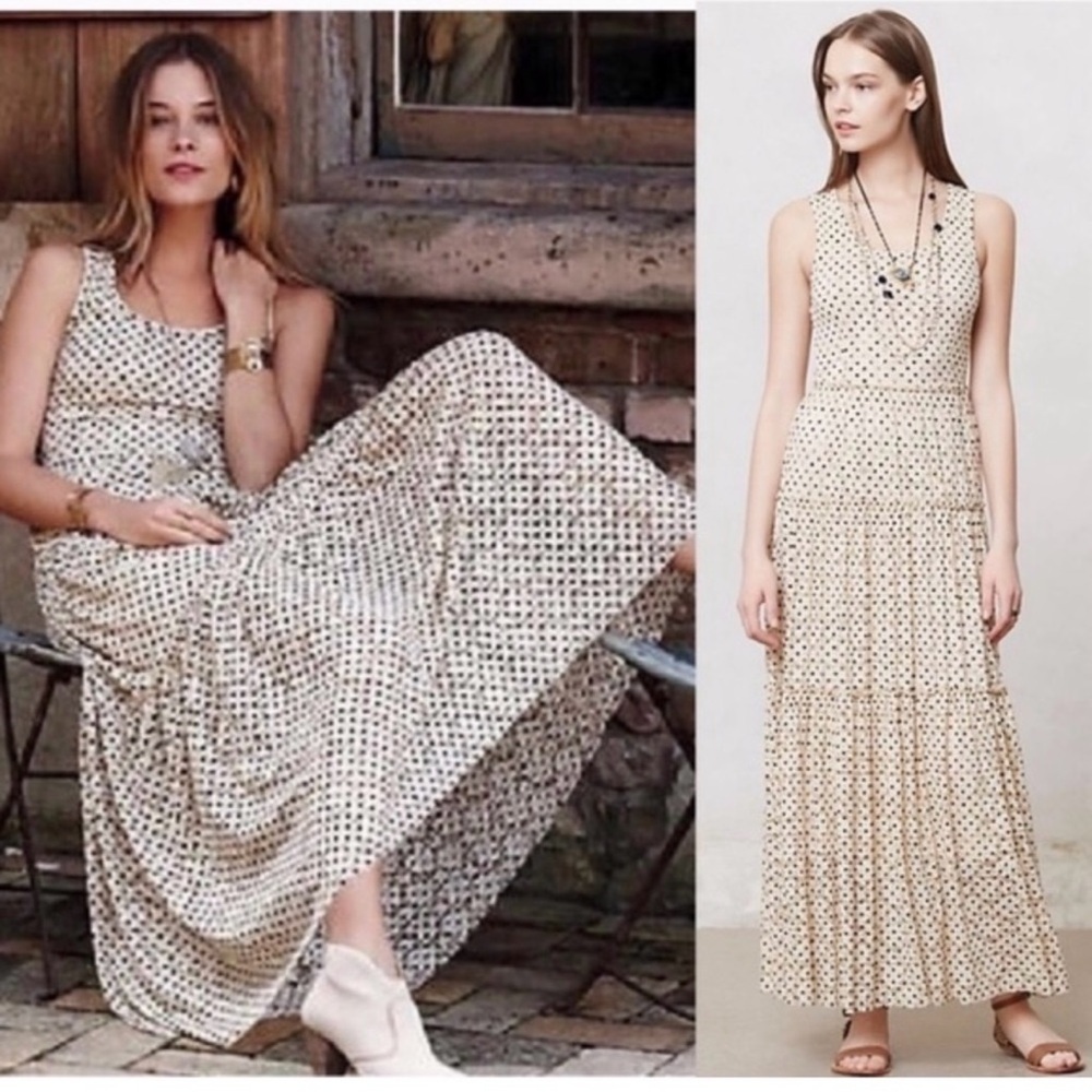 Anthropologie Meadow Rue Marigny Maxi Dress Small Polka Dot Tiered Lace Bohemian